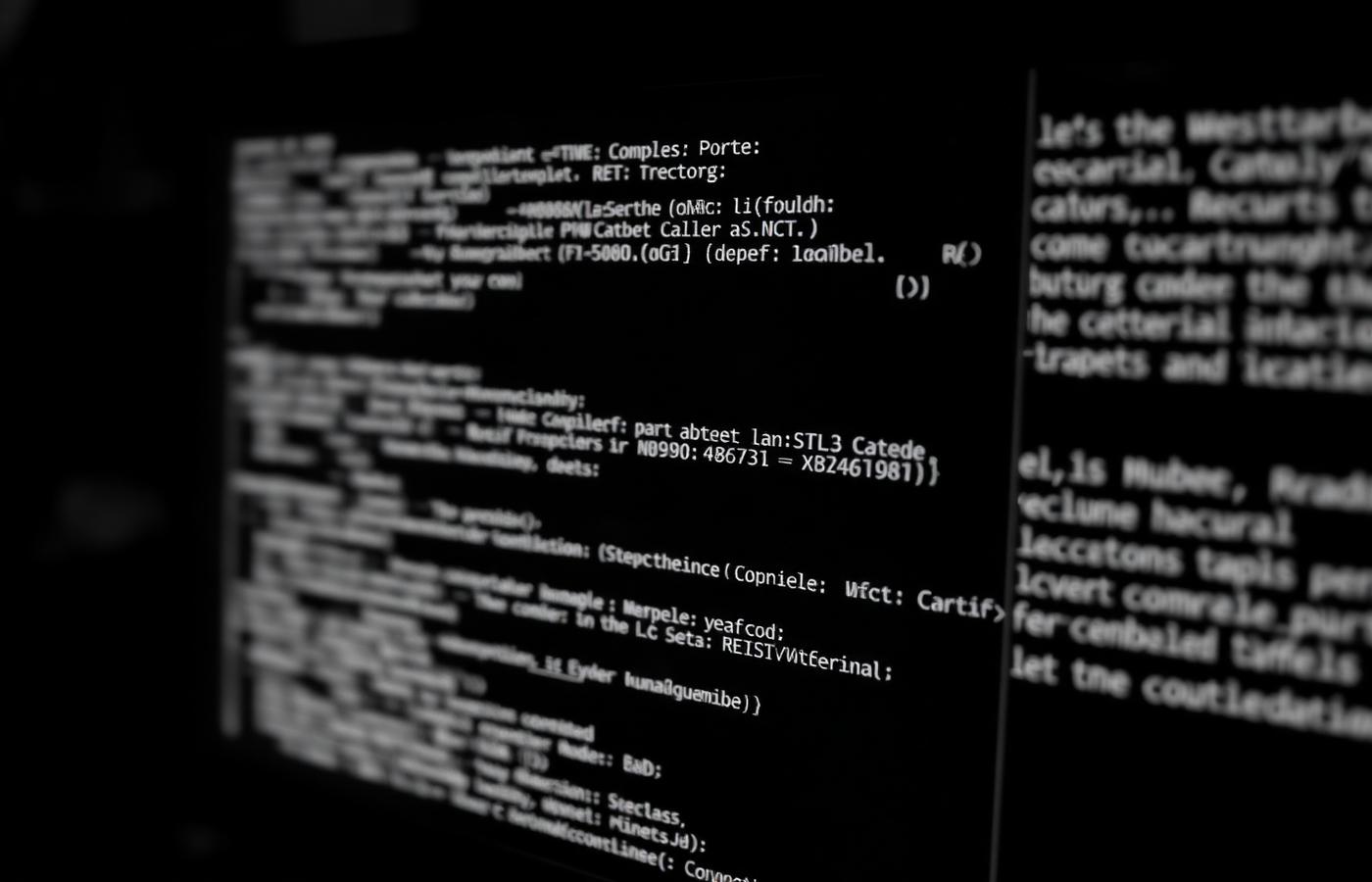 Close-up of source code rendered on a large screen in a dimly lit workspace