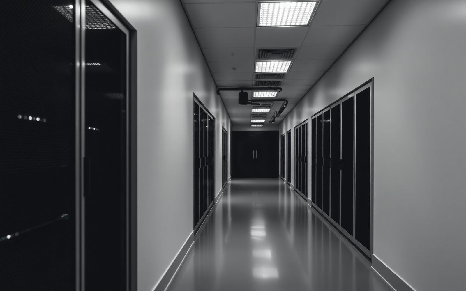 Interior corridor of a modern data centre with rows of server cabinets under diffused overhead light