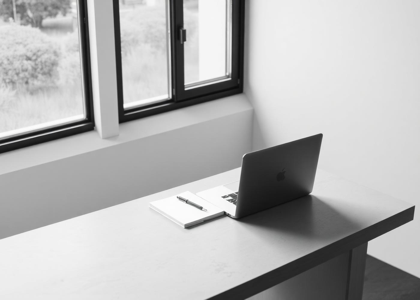 A minimal desk beside a window with a laptop and an open notebook resting on the surface